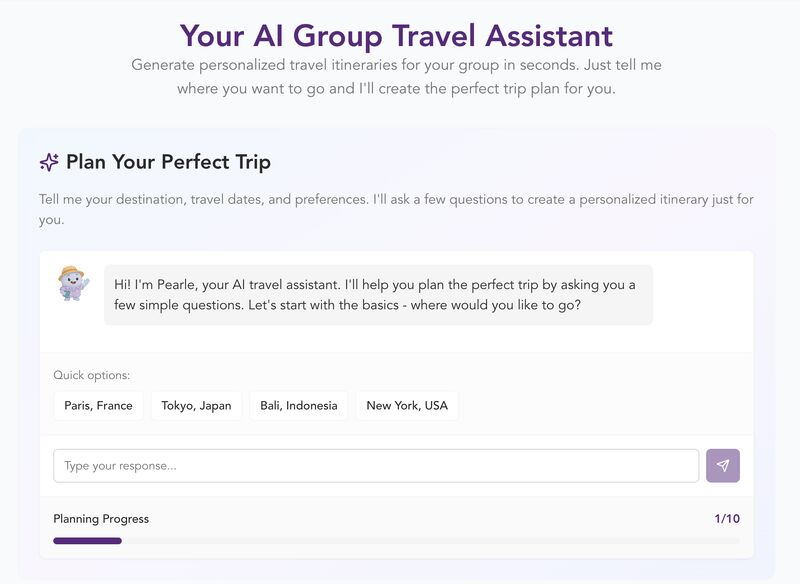 Pearle AI group travel assistant with destination suggestions, chat input, and trip-planning progress